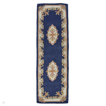 Royal Traditional Floral Aubusson Medallion Border French-Style Hand-Carved Hi-Low Textured Soft Durable Wool Blue Runner-Melrose-Rug Love - The Most Loved Rug Store